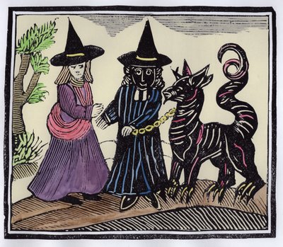 En sort og en hvid heks med et djæveldyr, illustration fra en samling kapbøger om esoterica (senere farvelægning) af English School