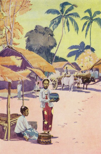 En burmesisk landsby (farvelitografi) af English School