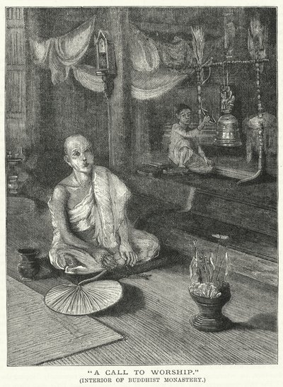 "A Call to Worship," Interiør af buddhistisk kloster (gravering) af English School