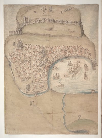 En farvet plan eller fugleperspektiv af Scarborough Town og Castle af English School