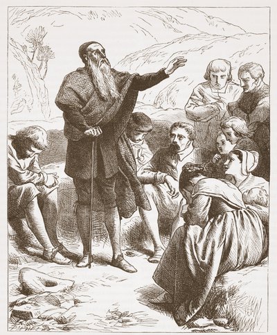 A Conventicle: Worship on the Hill-side, illustration fra The History of Protestantism af James Aitken Wylie (1808-1890), pub. 1878 af English School