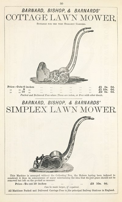 A Cottage and Simplex plæneklipper, illustration fra et havekatalog, udgivet af Barnard Bishop & Barnard, 1878 af English School