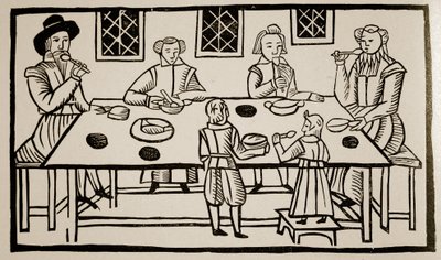 Et familiemåltid, ca. 1600 (sepia-billede) af English School