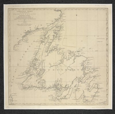 Et generelt diagram over øen Newfoundland med klipperne og sonderingen, tegnet fra undersøgelser taget ... Af James Cook og Michael Lane af English School
