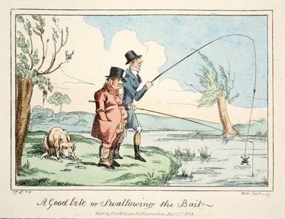 En god bid eller at sluge agnen, pub. 1835 (håndfarvet gravering) af English School