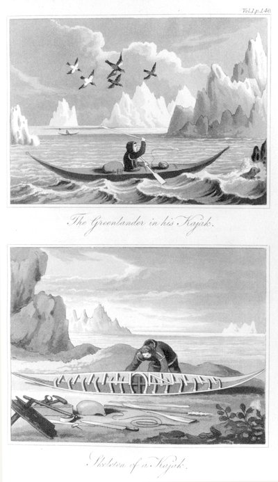 En grønlænder og hans kajak, fra History of Greenland af David Crantz, 1820 af English School