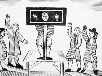 A Guilty Man in the Village Pillory, kopi af en illustration fra det 16. århundrede, fra en samling kapbøger om esoterica af English School