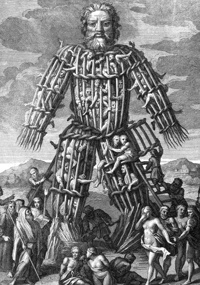En kæmpe kolos lavet af Osier-kviste, hvor mænd blev brændt levende til Gudernes ære, indgraveret af Cornelis Huyberts, illustration til Caesars Commentaries oversat til engelsk af William Duncan, af English School