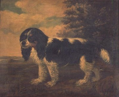 En King Charles Spaniel i et landskab af English School