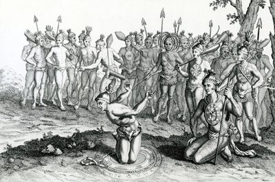 En konge af Florida, der konsulterede sin tryllekunstner, før han gik til kamp, illustration taget fra Moores Voyages and Travels, 1778 af English School