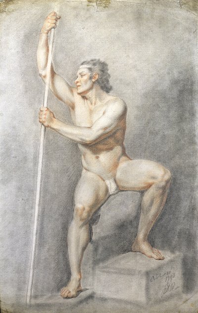 En nøgen mand holder en stav, ca. 1770 (farvet kridt på papir) af English School