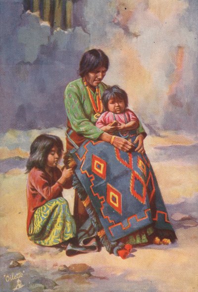 En navajo-indiansk squaw og børn (farvelitografi) af English School
