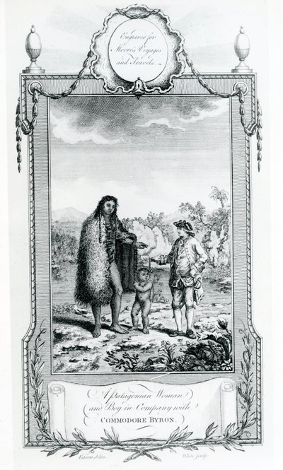 A Patagonian Woman and Boy in Company with Commodore Byron, illustration taget fra Moores Voyages and Travels, 1778 af English School