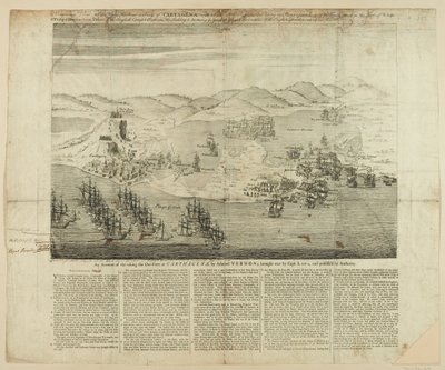 A Perspective Draft of Town, Harbour and Forts of Carthagena i 1739, udgivet 1741 (streggravering) af English School