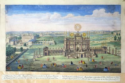 Et perspektivbillede af den storslåede struktur opført i Green Park for Royal Fireworks, 1749 af English School