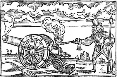 En Pikeman tænder en kanon af English School