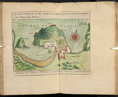 En udsigt til slottet St. Sebastien fra syd og Groundplatt af byen og havnen af English School