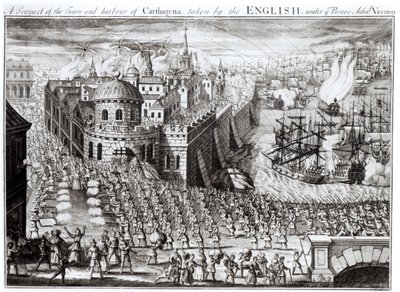 En udsigt over byen og havnen i Carthagena, taget af englænderne under den tapre admiral Vernon, 1741 af English School