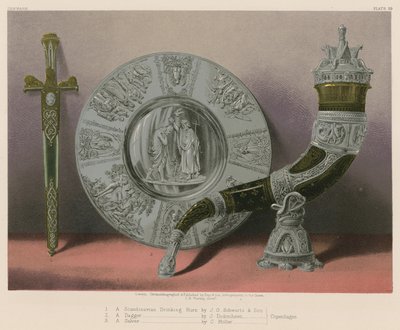 A Scandinavian Drinking Horn af J G Schwartz og søn, A Dagger af J Didrichsen, A Salver af C Møller, København af English School