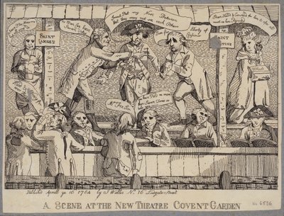 A Scene at the New Theatre, Covent Garden: satire, der skildrer et politisk valgmøde i Covent Garden, London af English School