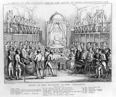 En skitse af det indre billede af House of Lords, der repræsenterer retssagen mod Hendes Majestæt Dronning Caroline, pub. 1820 (s/h gravering) af English School
