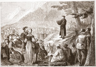 En schweizisk reformator prædiker for sin flok i det åbne felt, illustration fra The History of Protestantism af James Aitken Wylie (1808-1890), pub. 1878 af English School