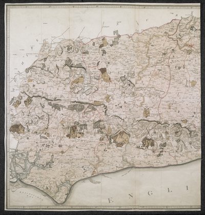 Et topografisk kort over grevskabet Sussex, opdelt i voldtægter, dekanier og hundredvis. Planlagt fra en faktisk undersøgelse i en skala fra en tomme til en vedtægtsmæssig mile af English School