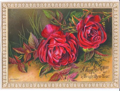 Et victoriansk jule- og nytårskort, der viser to store røde roser, ca. 1880 af English School