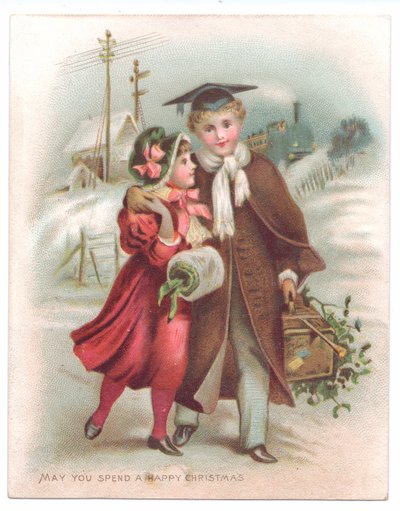 Et victoriansk julekort af en dreng iført et mørtelbræt med armen rundt om en pige, der går gennem sneen, ca. 1880 (farve litho) af English School
