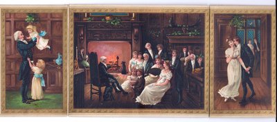 Et victoriansk julekort af en far og hans børn, en far, der fortæller en historie til en familiegruppe, og en herre, der prøver at kysse en dame under misletenen, ca. 1880 af English School