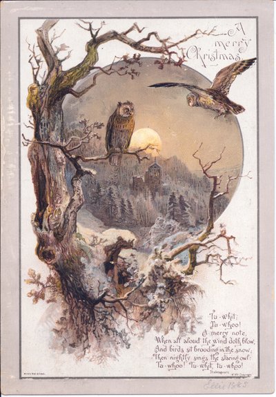 Et victoriansk julekort af en ugle på en gren på en måneskin nat, ca. 1880 (farve litho) af English School
