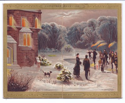 Et victoriansk julekort med skatere med flammende fakler, der skøjter på en frossen sø foran et palæ med tilskuere og en hund, ca. 1880 af English School