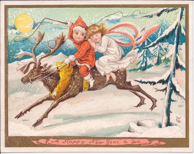 Et victoriansk nytårskort af en pige- og drengefe overskrævs på et rensdyr på en månebelyst sneklædt nat, ca. 1880 (farve litho) af English School