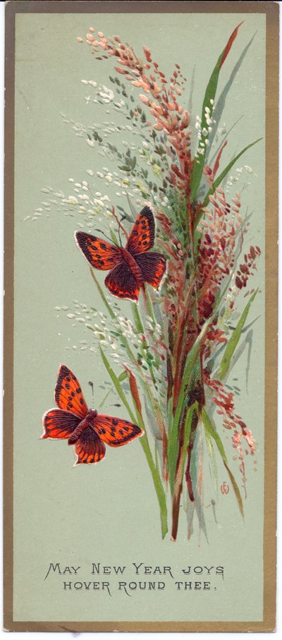 Et victoriansk nytårskort med to sommerfugle blandt høje græsser, ca. 1880 af English School