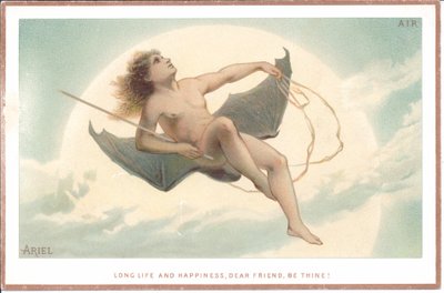 Et victoriansk kort af en nøgen mand, der holder en stang og sidder på et par enorme flagermusvinger, der flyver gennem skyerne, ca. 1880 af English School