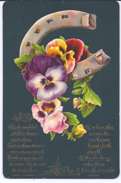 A Victorian good luck greeting card of a horseshoe and pansies, c.1880dani af English School