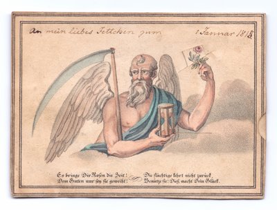 Et victoriansk lykønskningskort af den grumme høster med en le og timeglas med en rose, ca. 1815 (farve litho) af English School