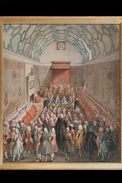 A View of the House of Lords, graveret af Benjamin Cole (fl.1748-75) c.1755 (håndfarvet gravering) af English School