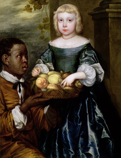 En ung pige, der bliver tilbudt en kurv med frugt af en tjener, ca. 1650 af English School