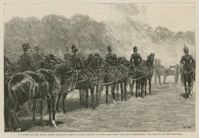 Et batteri af Royal Horse Artillery affyrede en kongelig hilsen i Hyde Park, da klokkerne proklamerede åbningen af Imperial Institute af English School