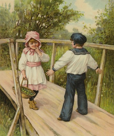 En dreng fortæller en pige, at hun skal betale en vejafgift for at krydse den bro, han står på af English School