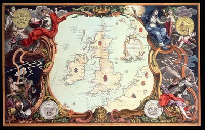Et diagram, der viser de adskillige handlingssteder mellem den engelske og spanske flåde, med de steder, hvor flere af de spanske skibe blev ødelagt, da de vendte tilbage til Spanien, udgivet 1739, af John Pine (håndfarvet gravering) af English School