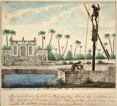 En kolonihave, der viser kunstvanding, ca. 1787 (akvarel på papir) af English School