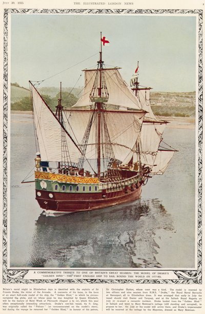 En erindringshyldest til en af Storbritanniens store sømænd: modellen af Drakes Golden Hind, det første engelske skib, der sejlede jorden rundt i 1577-80, fra The Illustrated London News Royal Naval og Mi af English School