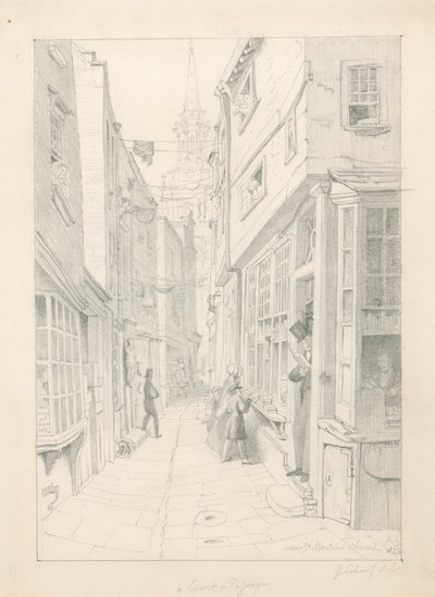 En domstol eller passage nær St Martins Church, London, juli 1828 af English School