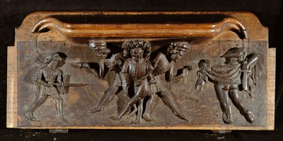 En beskadiget misericord, der forestiller tre mænd, der kæmper med dolke og sværd, New College Chapel, Oxford, slutningen af det 14. århundrede (træ) af English School