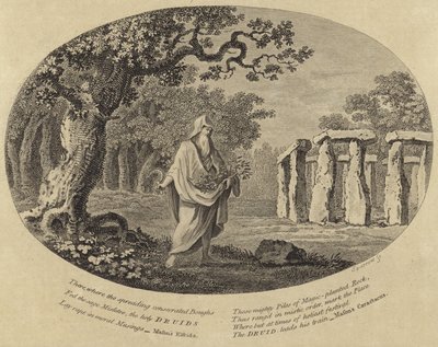 En druide, der tager stiklinger med en le ved siden af et gammelt monument af English School