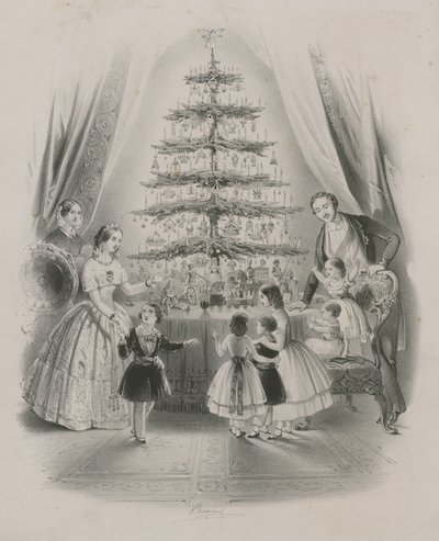 En familie, der står omkring et juletræ af English School