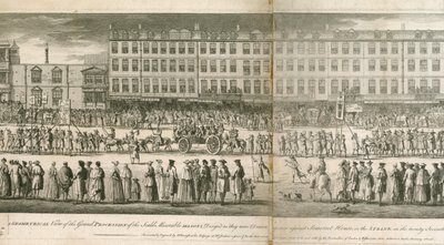 En geometrisk visning af den store procession af Scald Miserable Masons, Somerset House, London af English School