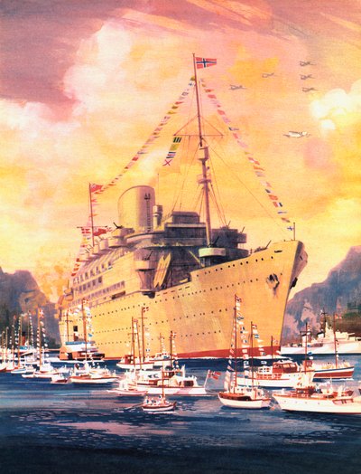 Et stort øjeblik i Royal Mail Lines historie, Andesbjergene ankommer til Oslo i 1945 (farve litho) af English School